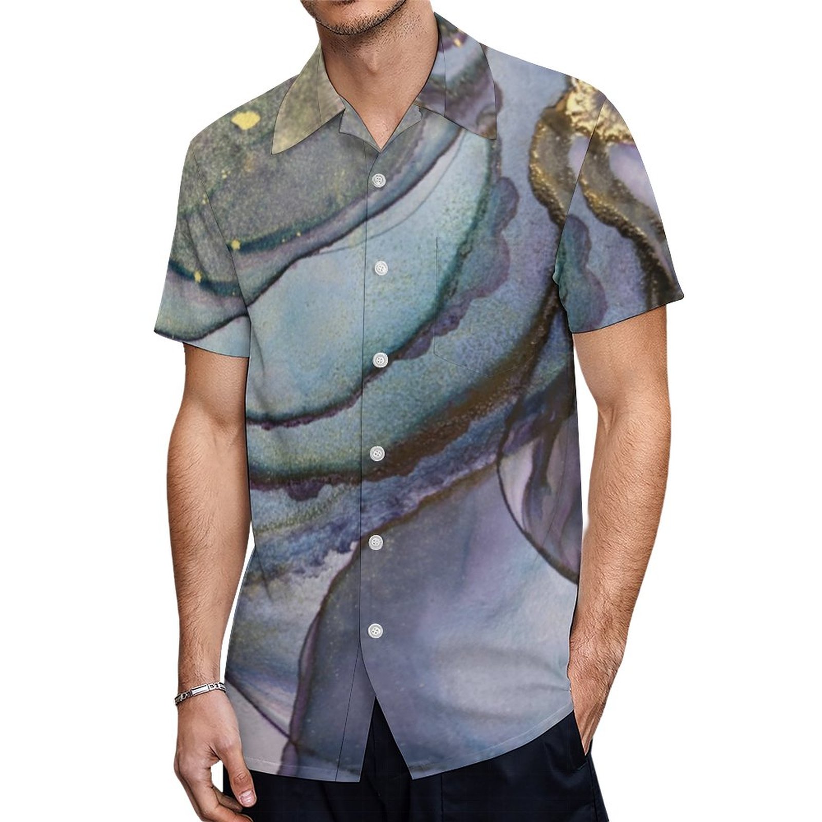 Abstract Alcohol Ink Shimmery Purple Teal Gold Hawaiian Shirt Mens Button Down Tropical Hawaii Beach Shirts