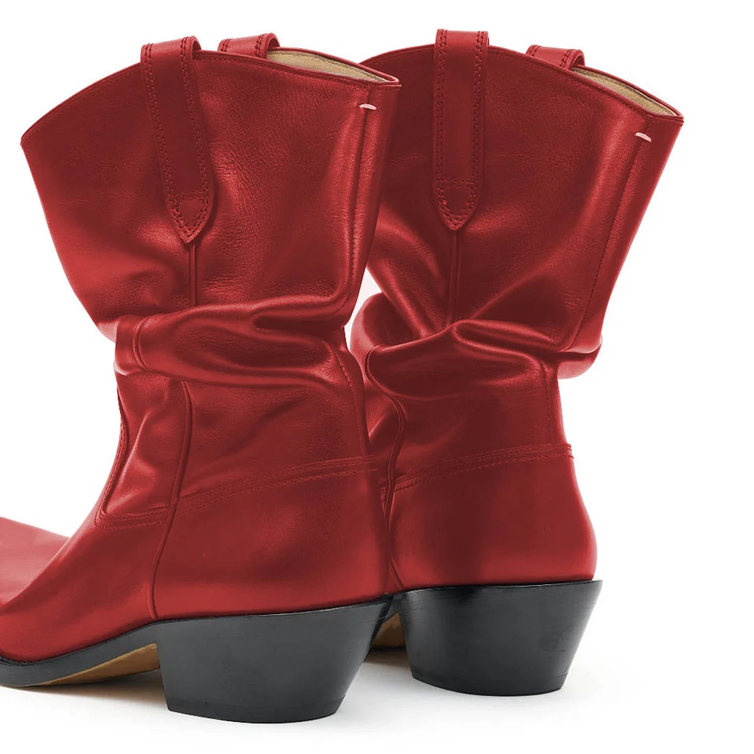 Vegan Leather Almond Toe Side Loops Silhouette Shiny Boots in Red