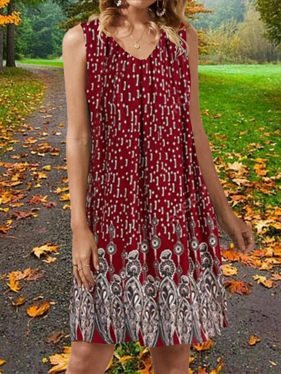 Women Casual Sleeveless V-neck Floral Printed Midi Dress