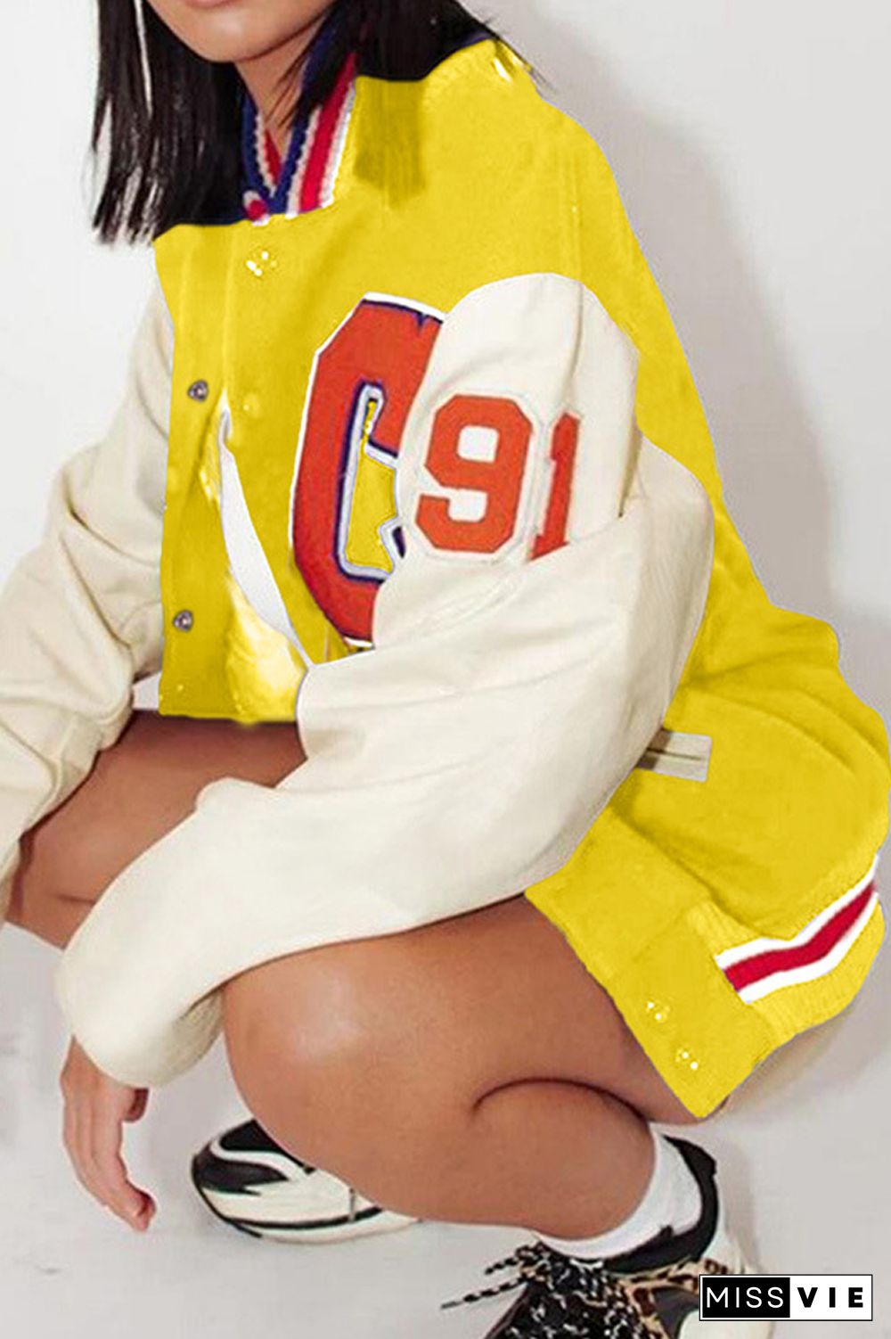 Color Patchwork Letter Print Casual Coat