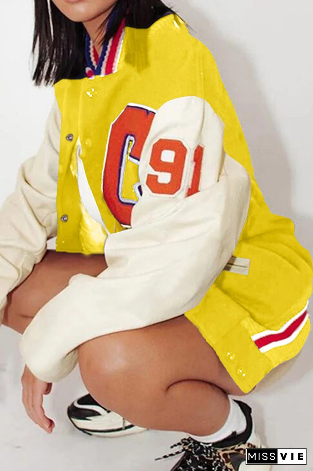 Color Patchwork Letter Print Casual Coat