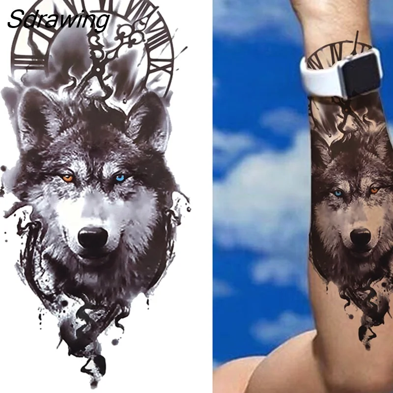 Sdrawing Wolf Temporary Tattoos For Men Women Adult Fake Lion Tattoo Sticker Tiger Black Tribal Body Art Drawings Tatoos Arm