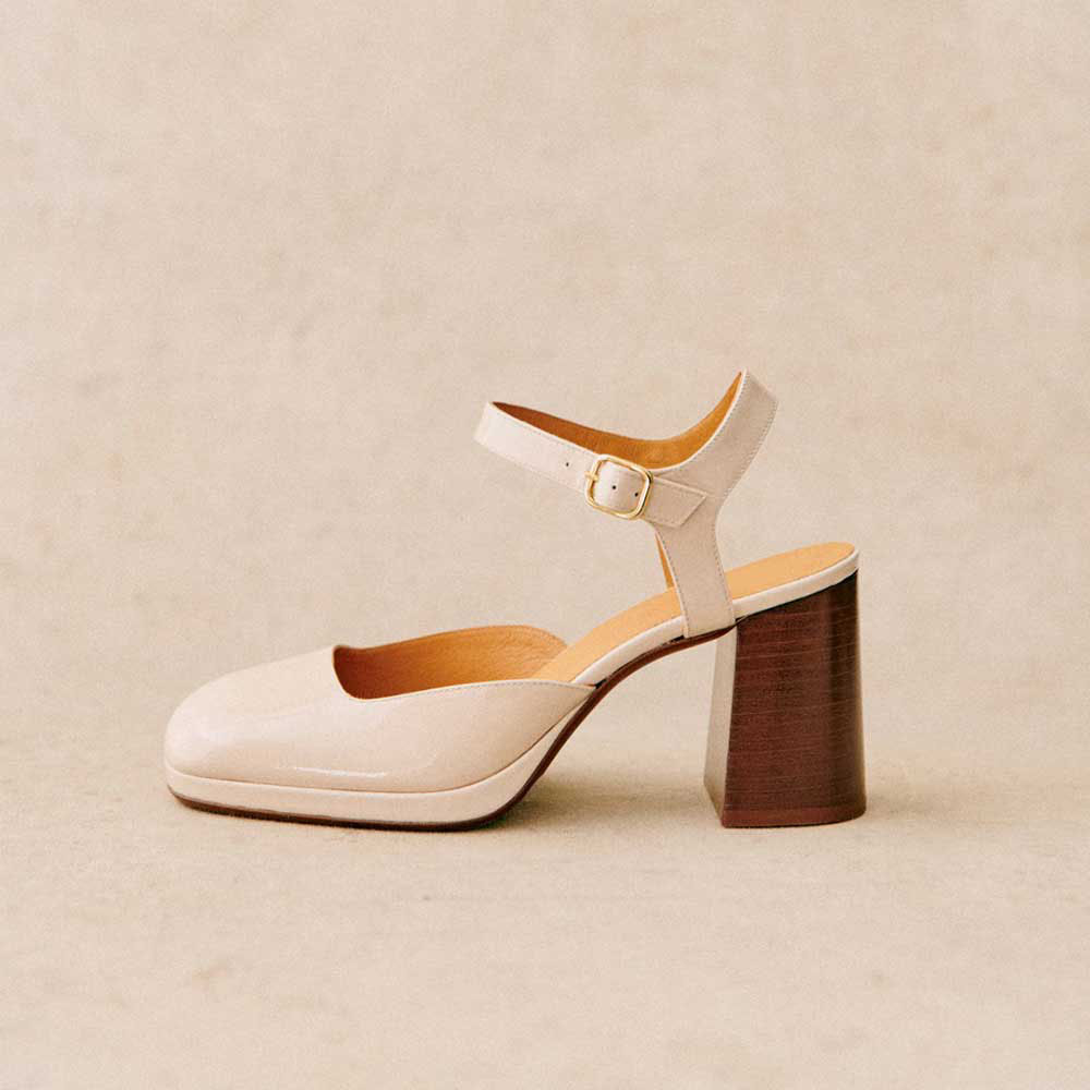 Ivory Patent Leather Square Toe 3'' Block Heel Platform Elegant Pumps Nicepairs
