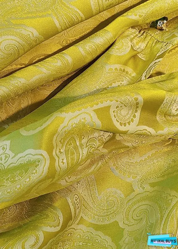 Yellow Stand Collar Jacquard Silk Blouses Long Sleeve