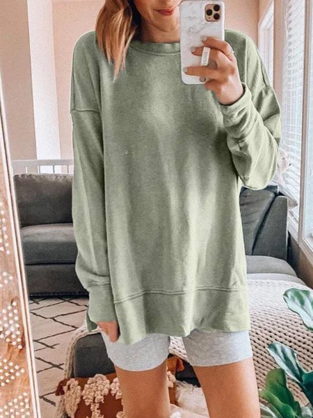 Gray Green Round Neck Solid Long Sleeve Shirts & Tops
