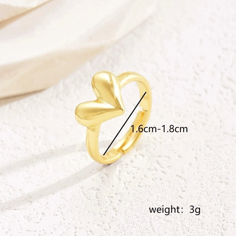 Vintage Style Pastoral Minimalist Heart Shape Solid Color Copper 18K Gold Plated Open Rings