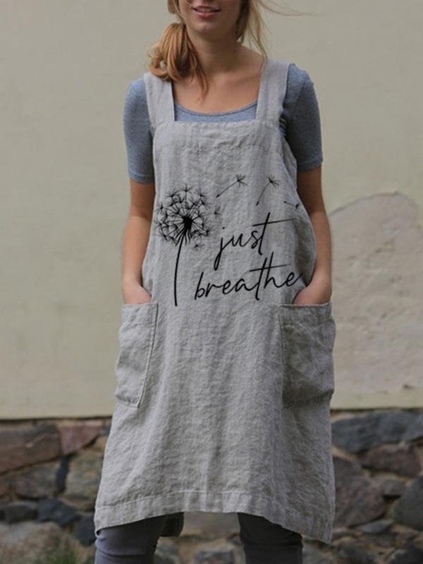 Ladies Cotton Linen Just Breathe Dandelion Faith Print Apron Dress-Mayoulove