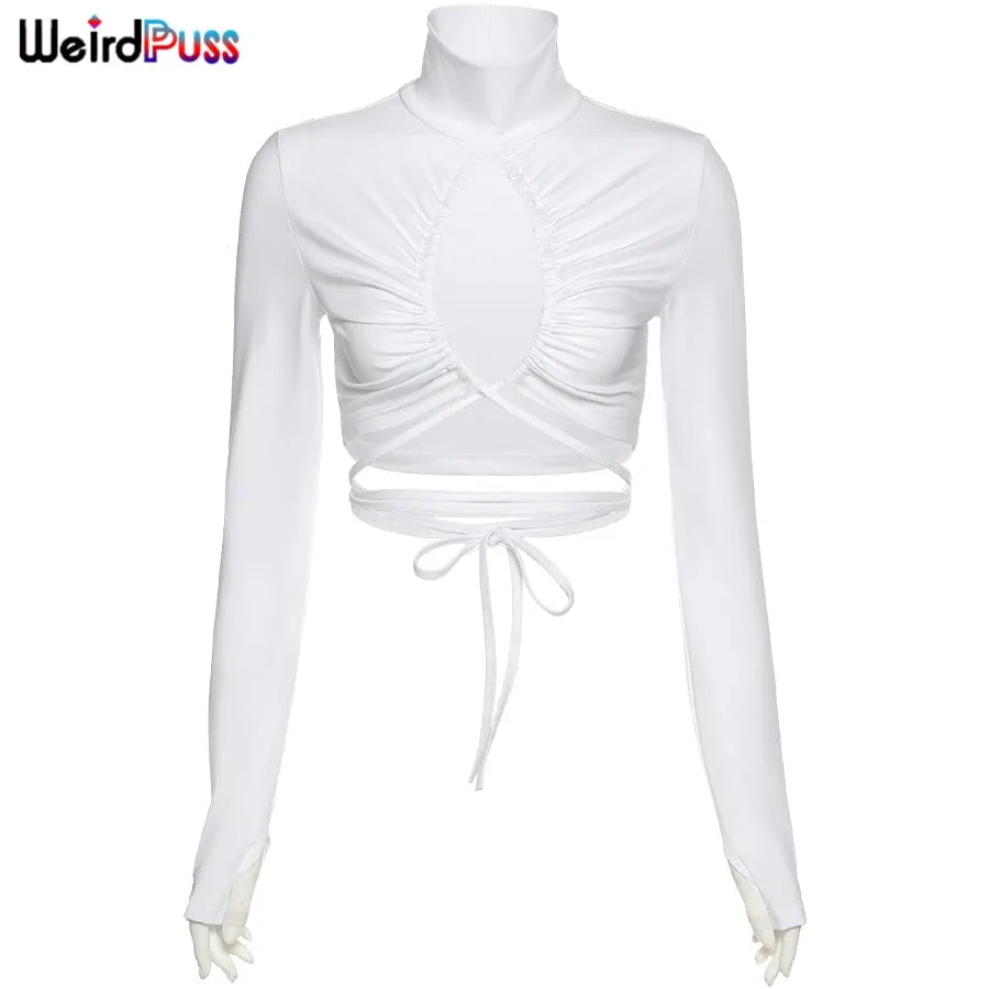 OrangeA 2021 Autumn Women Sexy Hollow Out T-Shirt Drawstring Lace Up Turtleneck Ruched Tops Hot Street Party Clubwear Outfits