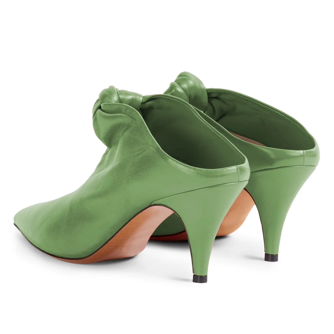 Green Vegan Leather Pointed Toe Fashion Heeled Mules for Ladies