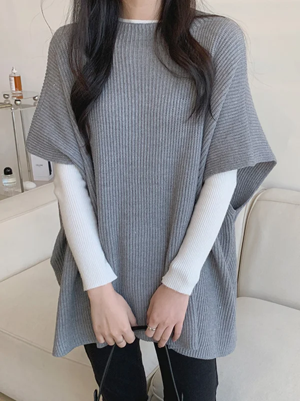 Casual Loose Short Sleeves Solid Color Round-Neck Sweater Tops Vest Top