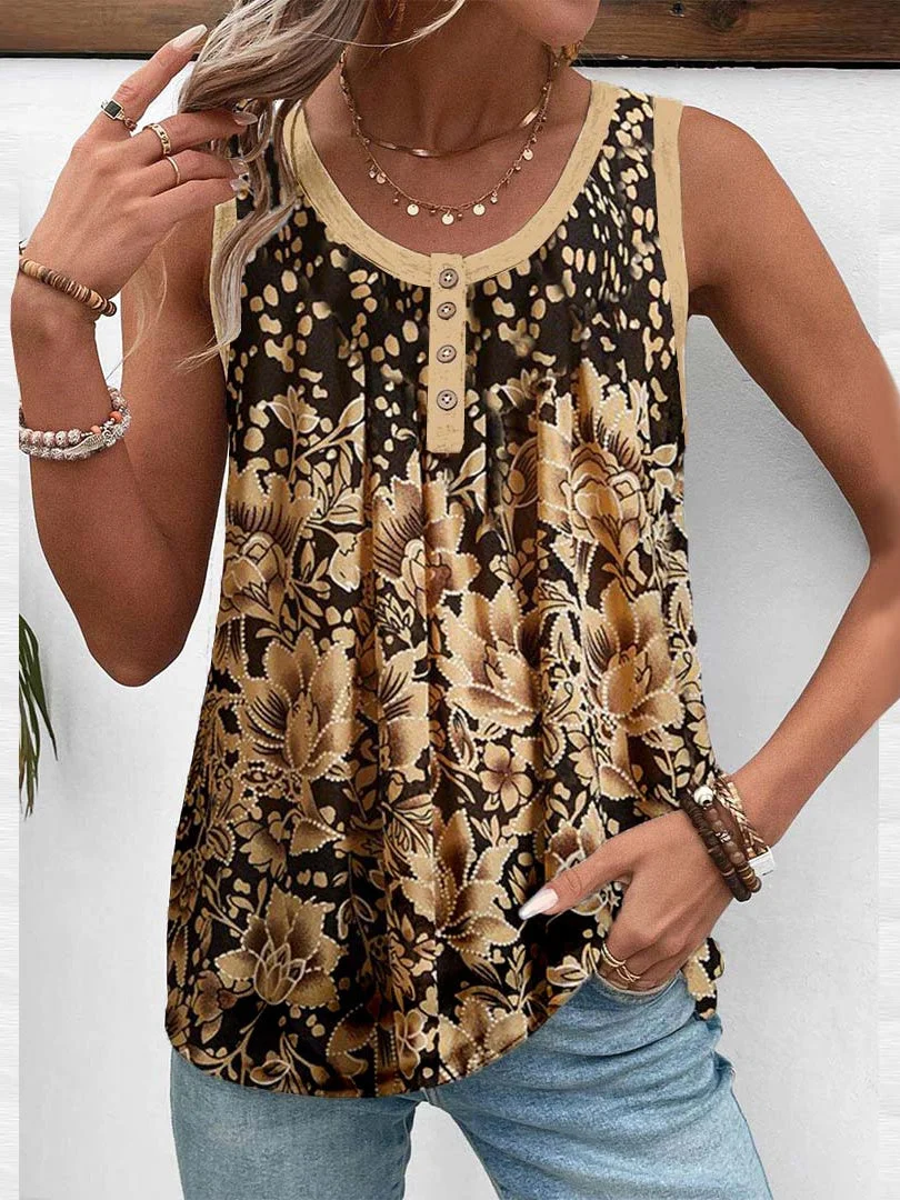 Women Sleeveless Scoop Neck Floral Printed Graphic Button Tops