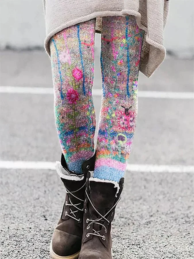 Women's Casual Retro Color Imitation Wool Printed Leggings