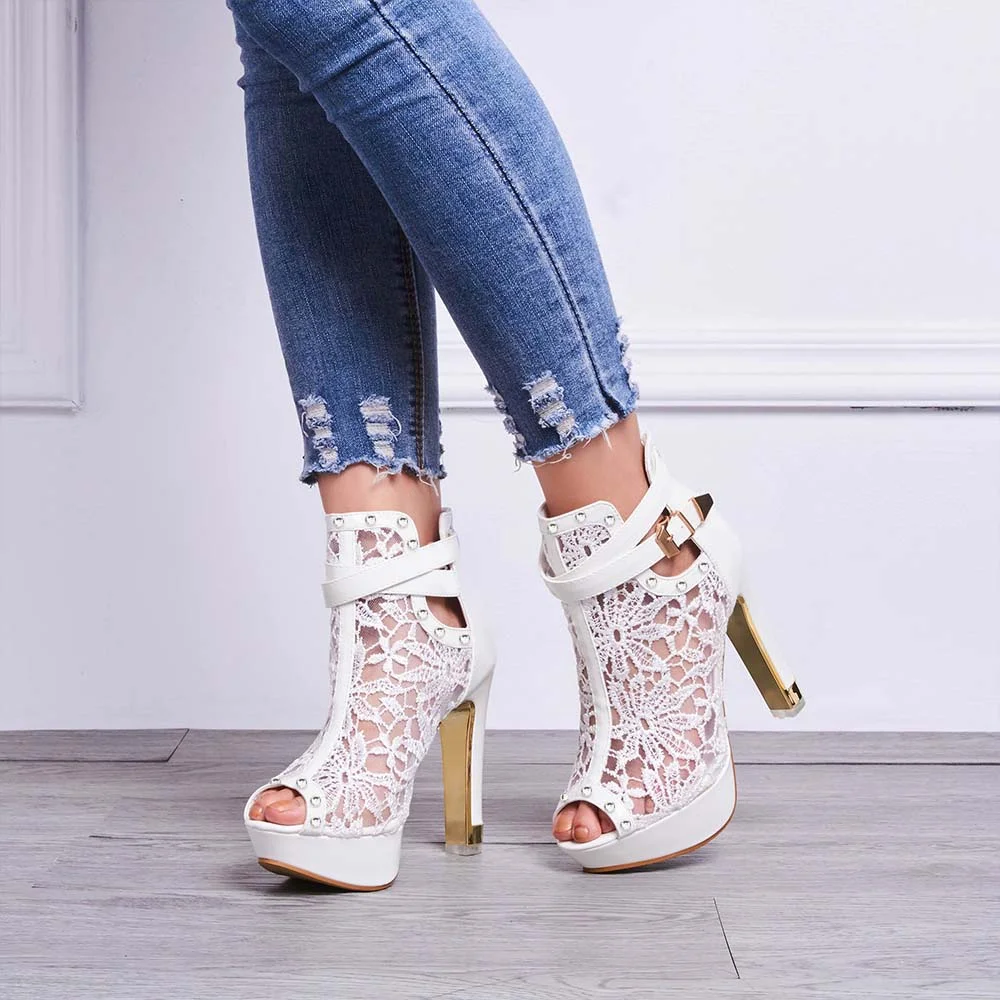 White Chunky High Heel Platform Open Toe Lace Pattern Ankle Boots