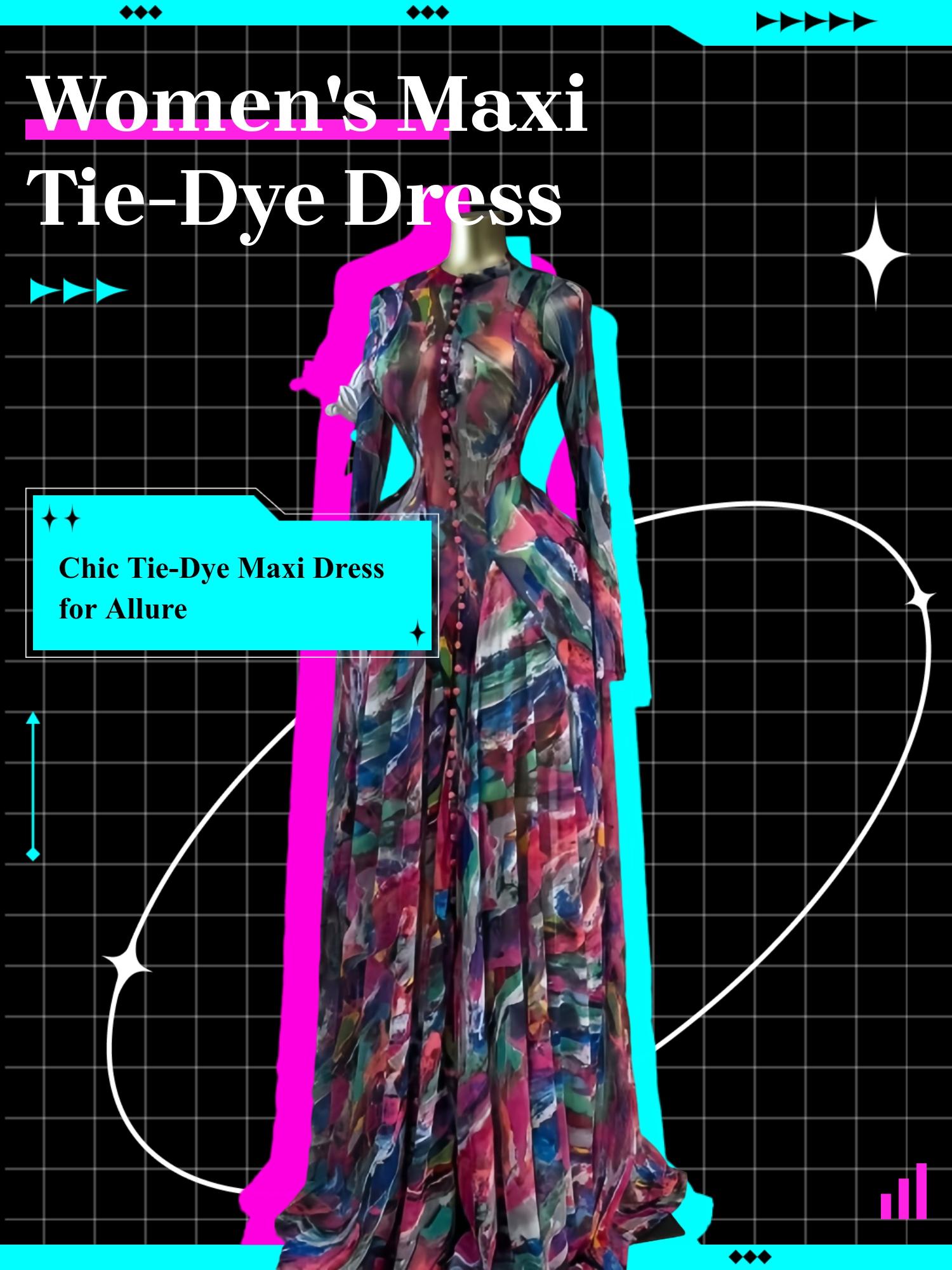 PULKRITU Women's O-Neck Long Sleeve Woven Maxi Dress, Tie-Dye Print, Romantic Valentine's Day Party Outfit Gown, Sexy Mesh Sheer Dress, Spring Sexy Club Street Evening Wear Lady Skirts