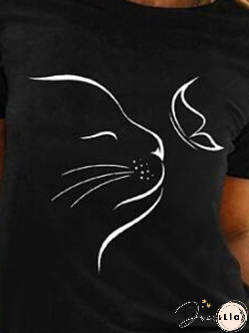Cat And Butterfly Short Sleeves Crew Neck Plus Size Casual T-Shirt