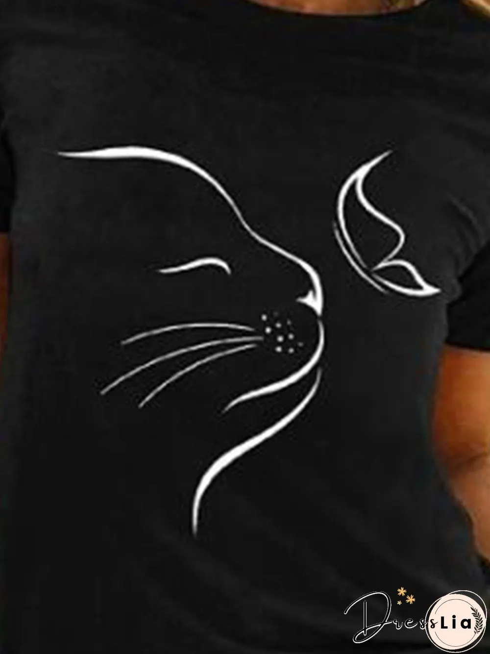 Cat And Butterfly Short Sleeves Crew Neck Plus Size Casual T-Shirt