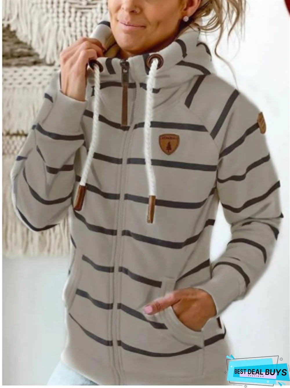 Cotton-Blend Long Sleeve Striped Outerwear