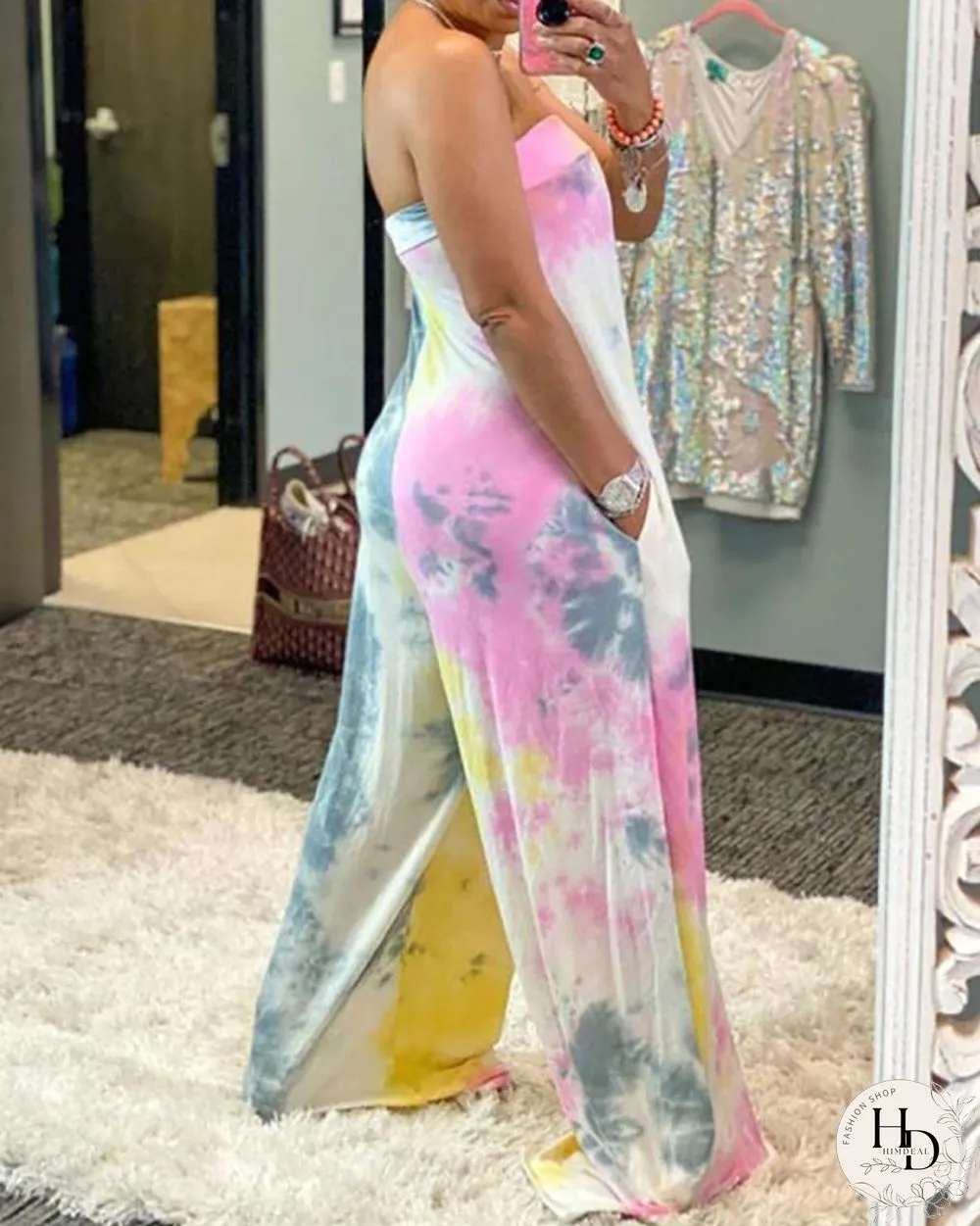 Tie Dye Print Bandeau Ruched Jumpsuit