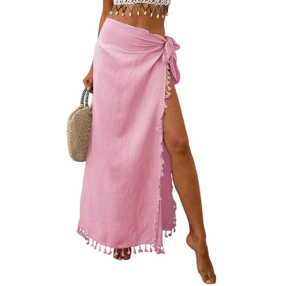 Pink Splicing Tassels Irregular Beach Maxi Skirt
