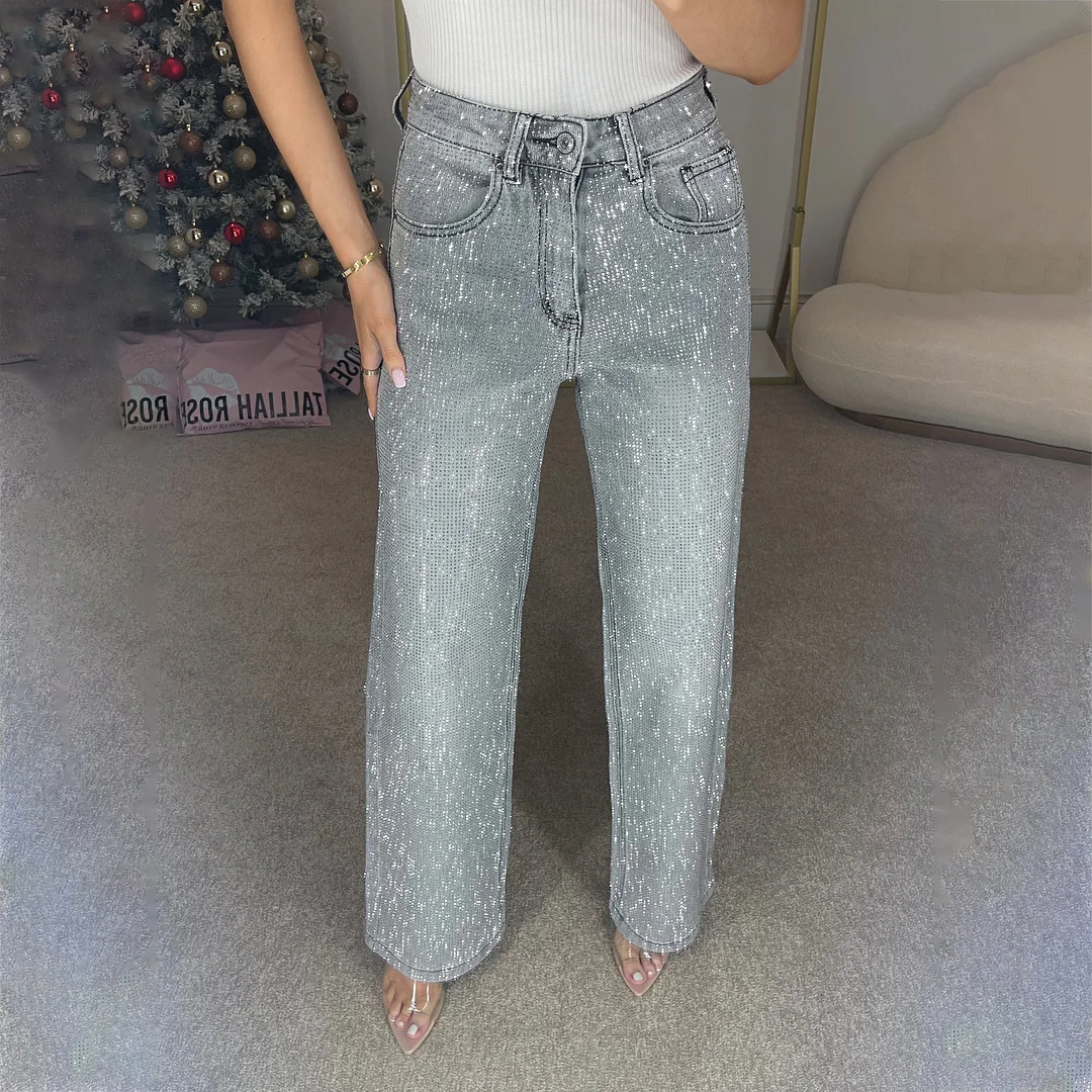 Athvotar Athvotar Industry Full Of Diamond Water Wash Jeans Women Senior Sense Low-Rise Straight Trousers Personality Hottie High Street Trousers
