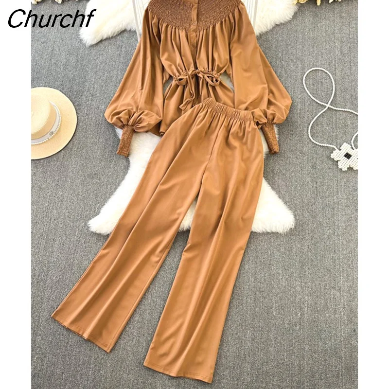 Churchf Casual Fashion Two Piece Suits Long Sleeve Button Shirt Top+High Waist Wide Leg Long Pants Solid Autumn Sets