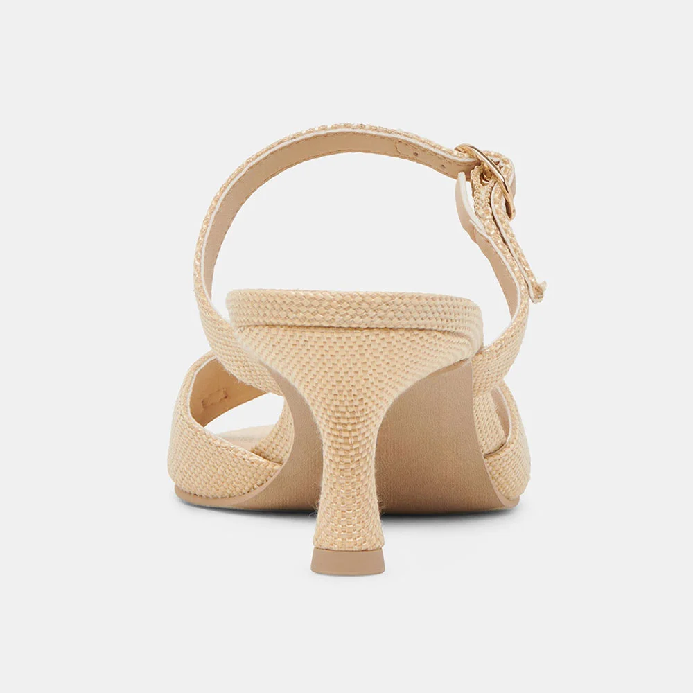 Beige Woven Raffia Open-Toe Buckle Kitten Heel Slide Sandals