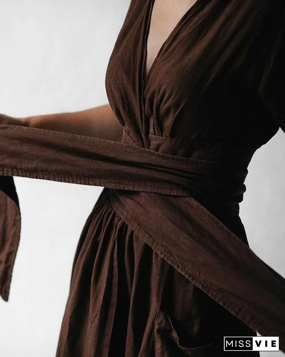 Elegant Solid V Neck Linen Bandage Waist Dresses
