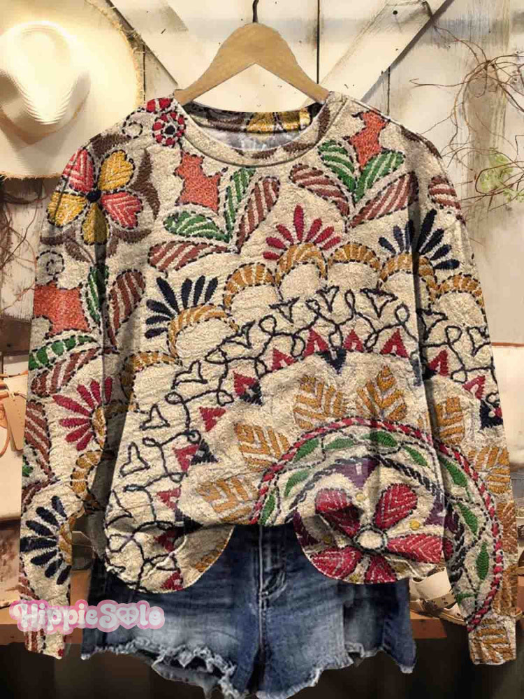 Women’s Vintage Floral Embroidery Art Patterns Print Casual Crew Neck Sweatshirt Multicolor / S