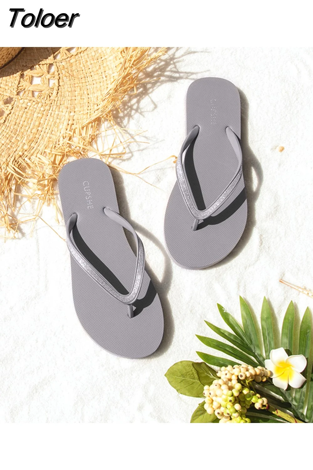 Toloer Black Glitter Flip Flops Open Toe Thong Strap Sandals For Women 2023 Summer Beach Soft PE Slippers Casual Flip Flop Shoes