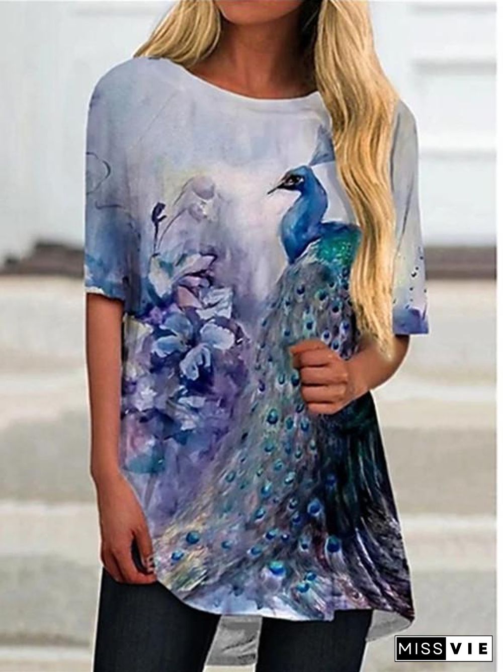 Women Short Sleeve Scoop Neck Animal Print Top