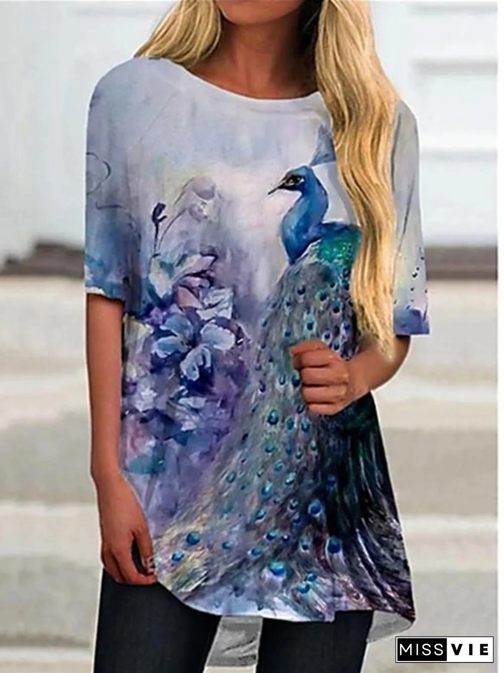 Women Short Sleeve Scoop Neck Animal Print Top