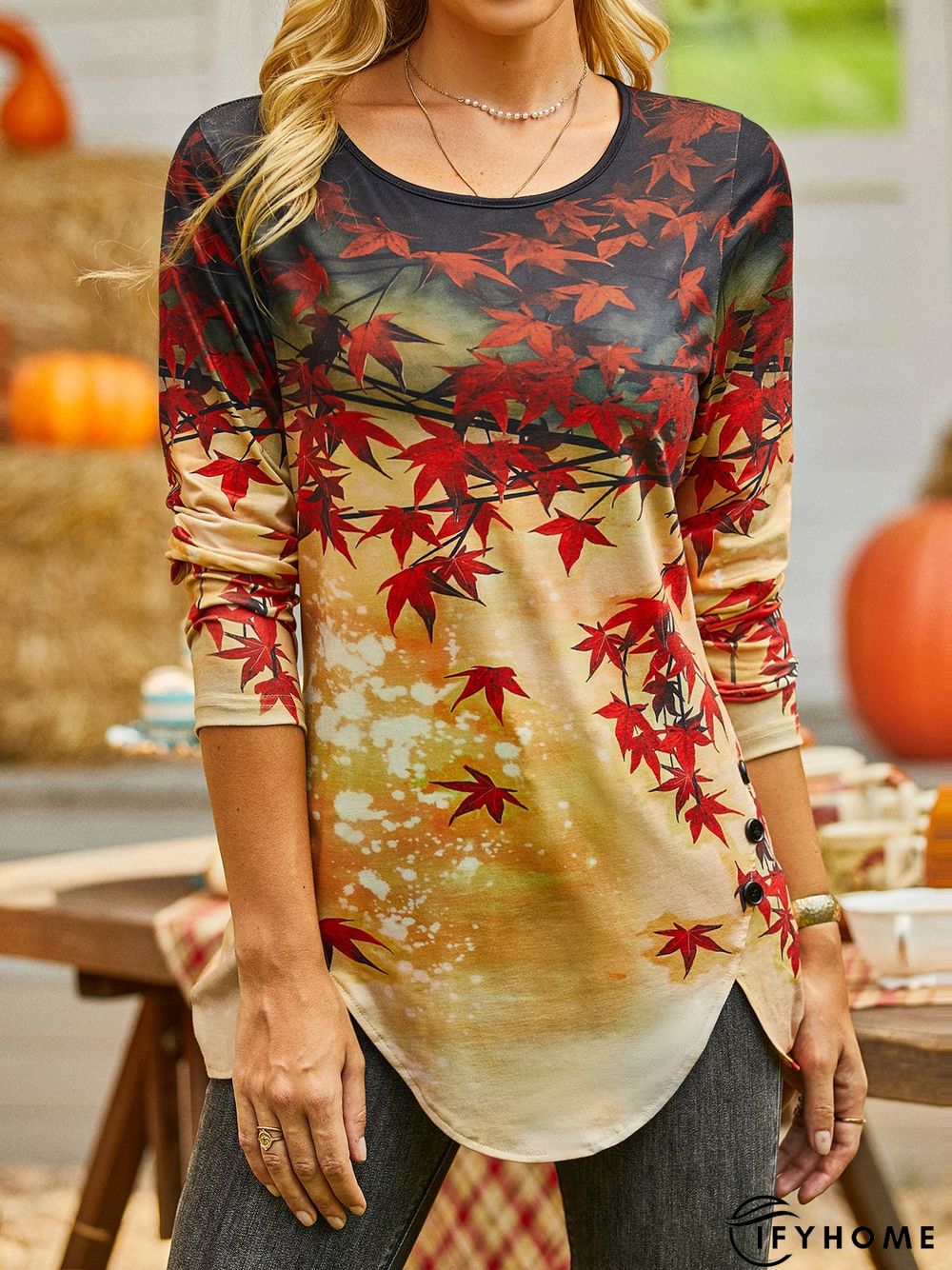 Leaves Printed Elegant Casual Long sleeve Tunic Top | IFYHOME
