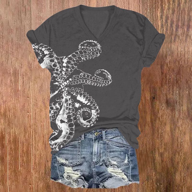 Comstylish Retro Octopus Asymmetric Print V-Neck T-Shirt