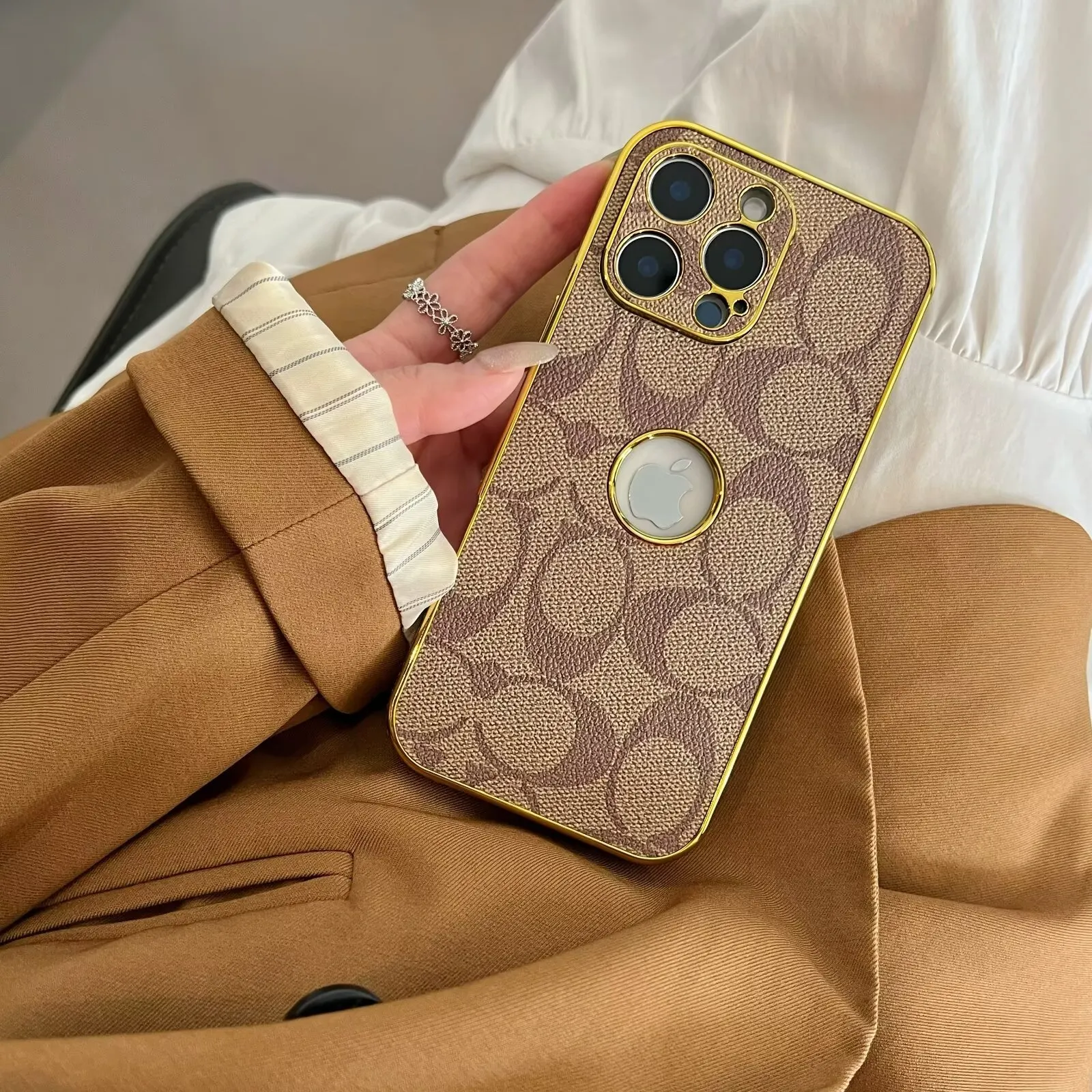 Classic Coach Signature Canvas Leather Electroplated Apple iPhone Case