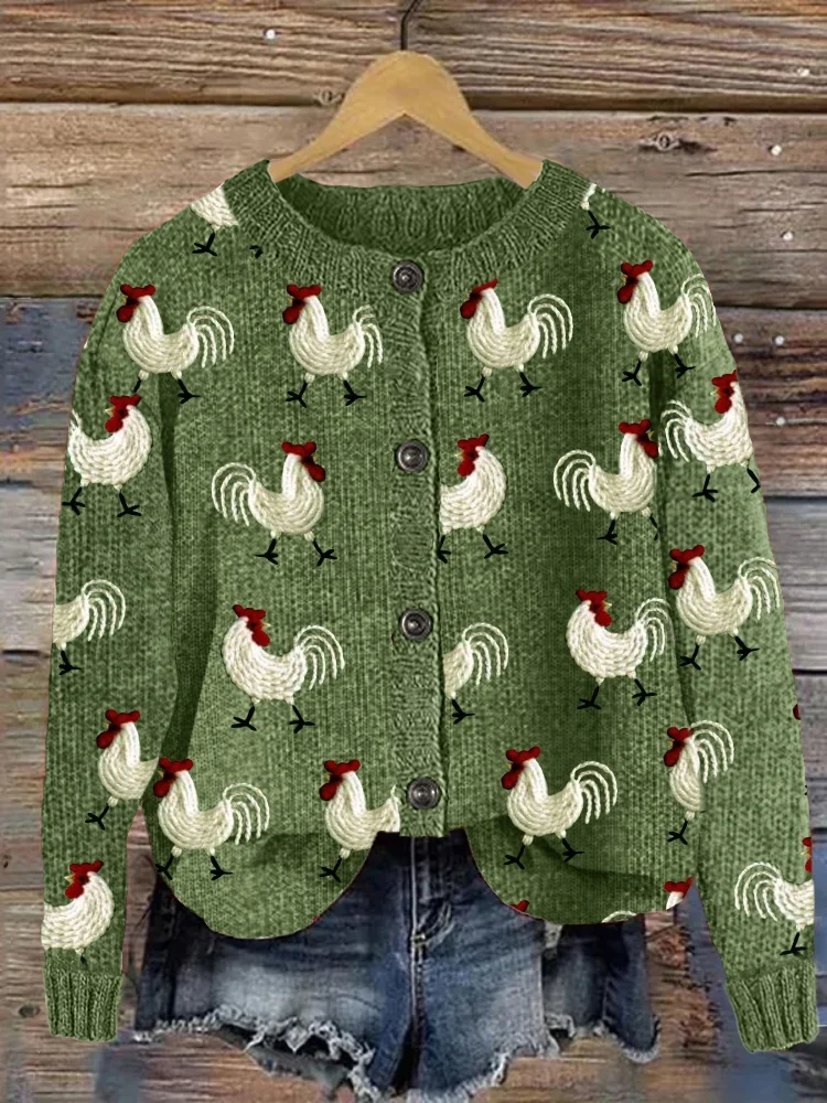 VChics Vintage Roosters Embroidery Pattern Cozy Knit Cardigan