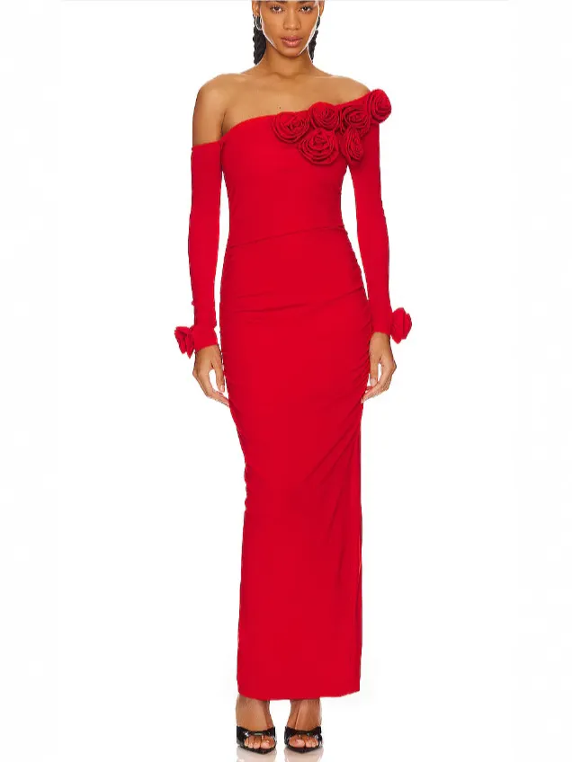 Brownm Women's Three-Dimensional Flower Design Folds Open Fork Solid Color Dress Dress