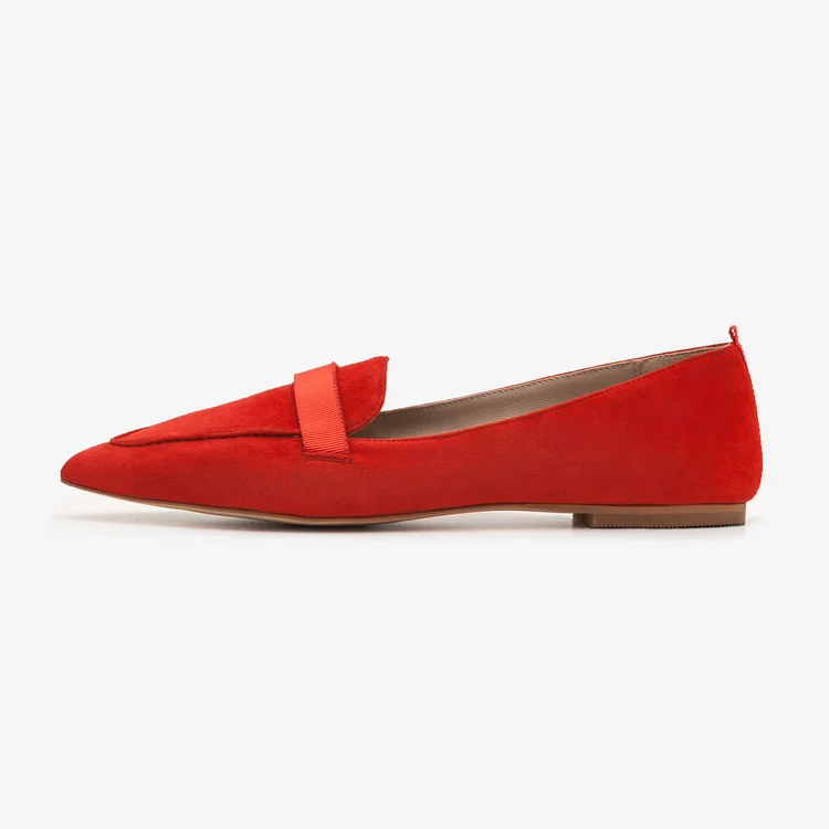 Red Vegan Suede Loafers for Women Pointy Toe Flats |FSJ Shoes