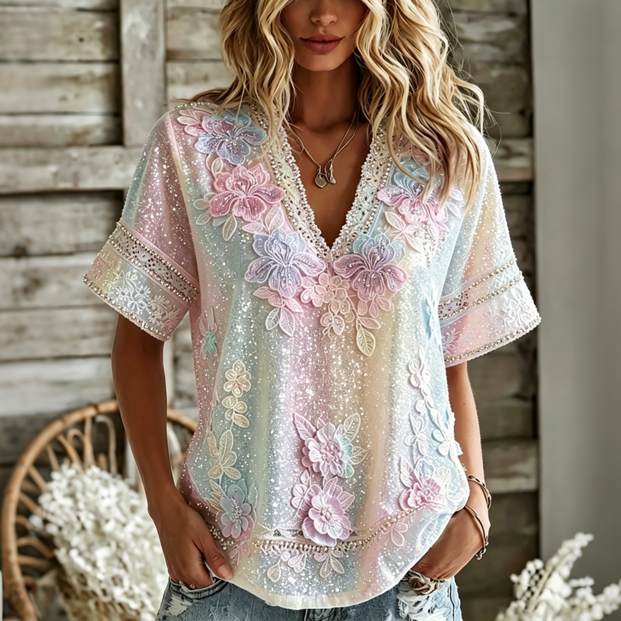 Comstylish Women's Summer Floral In Macarons Colorful Art Linen Blend Short Sleeve V Neck Tops