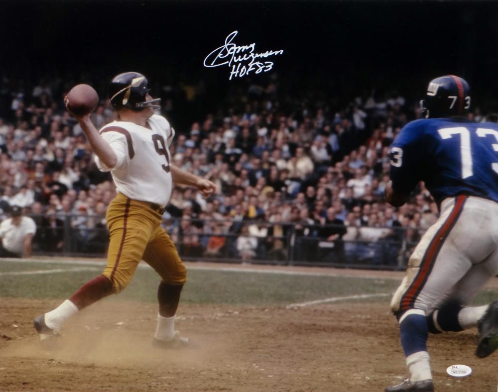 Sonny Jurgensen HOF Signed Redskins 16x20 Passing Against Giants Photo Poster painting- JSA W Au