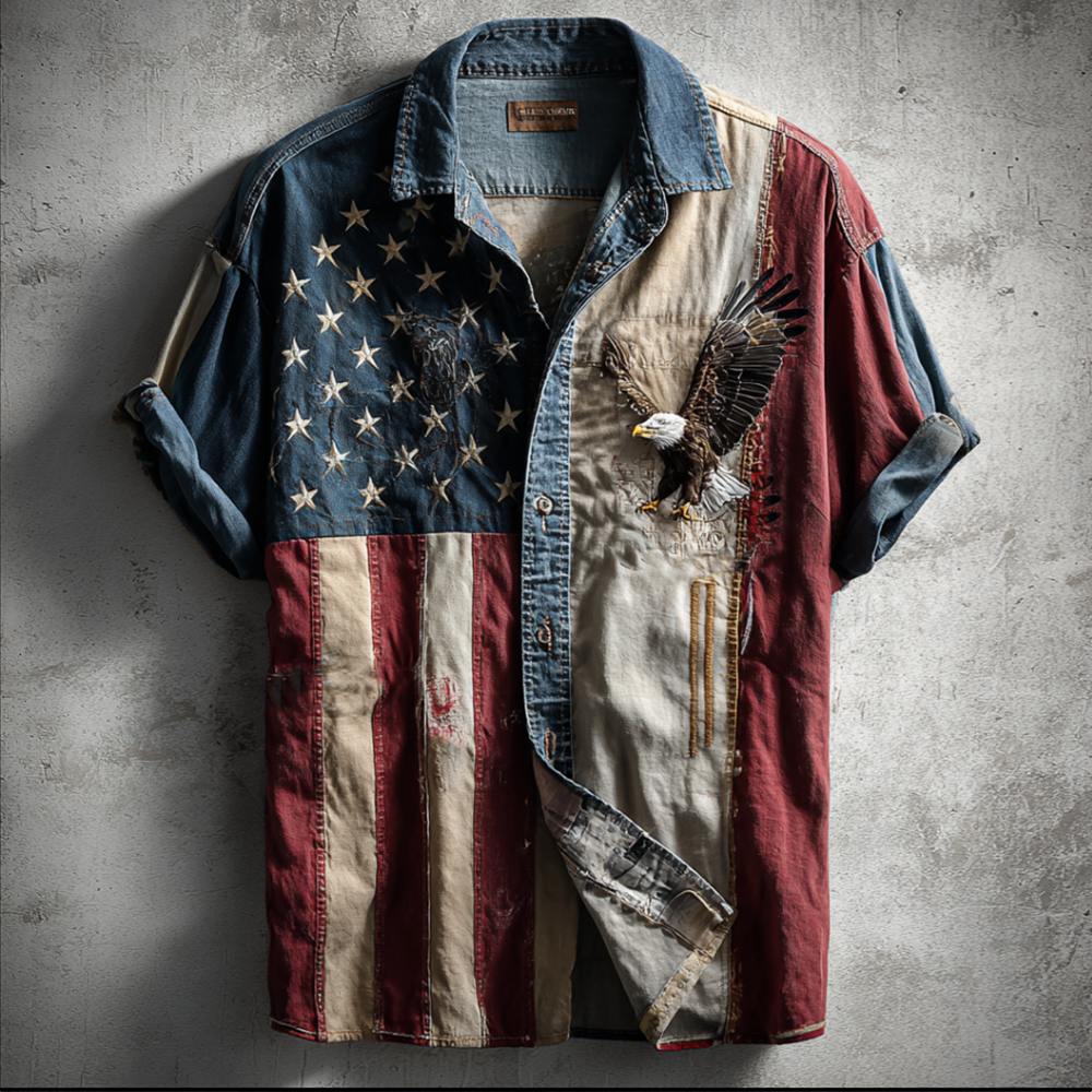  Vintage Independence Day Flag And Eagle Art Embroidered Short Sleeve Shirt Westsshops
