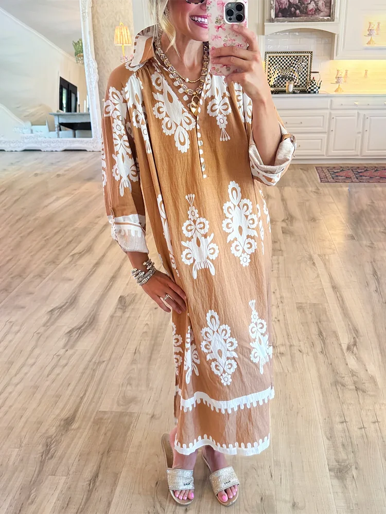 Women's Loose V-neck Long-sleeved Cotton and Linen Dress