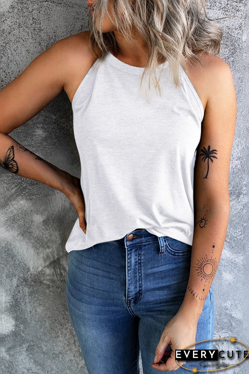 White Plain Halter Neck Tank Top