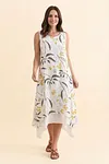 Front view of sleeveless yellow abstract floral midi dress with layered handkerchief hem
