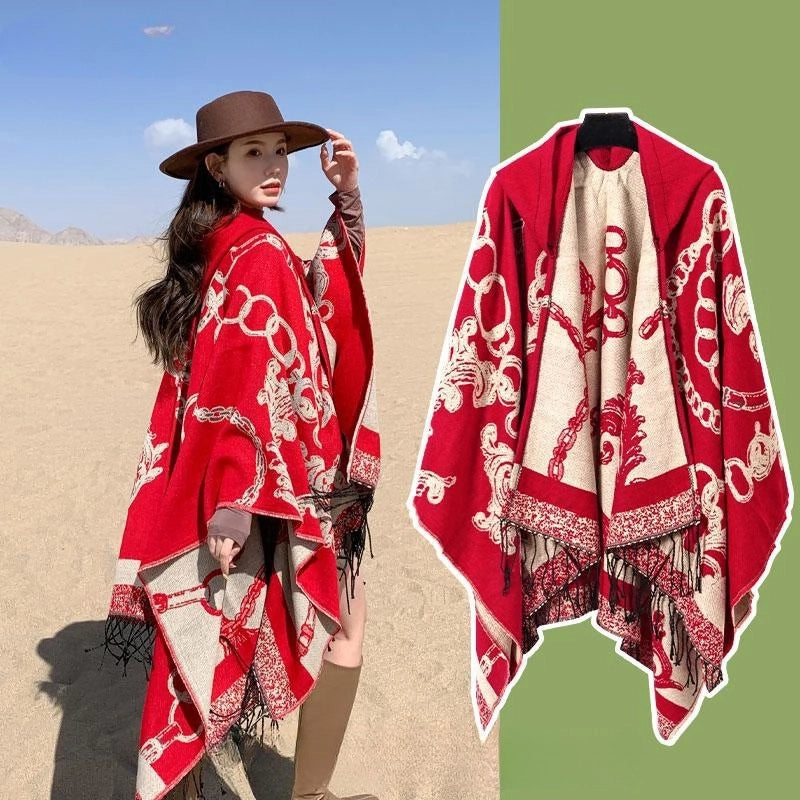 Ethnic Style Hooded Cape Women’s Yunnan Tibet Western Sichuan Grassland Bohemia Travel Wear Scarf Coat