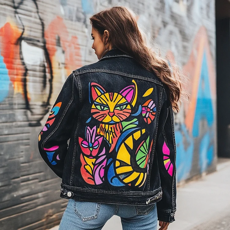VChics Women's Pop Art Cat Design Denim Jacket