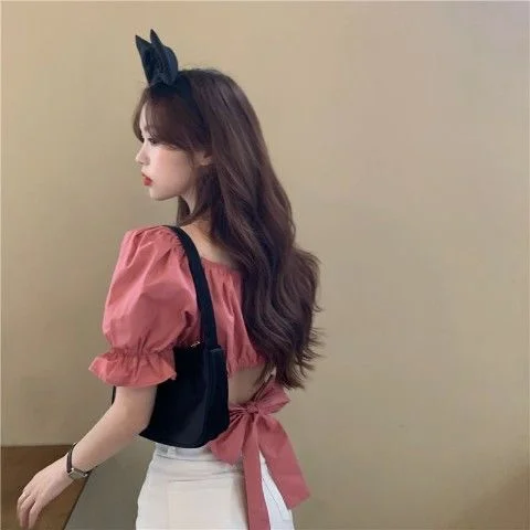 Vintage Blouse Backless Bowknot Puff sleeve Summer Ruffle Crop Tops Tee Shirt Solid color Draped Top 2021 Fashion