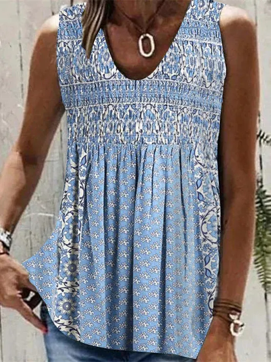 Women Sleeveless V-neck Floral Printed Graphic Top