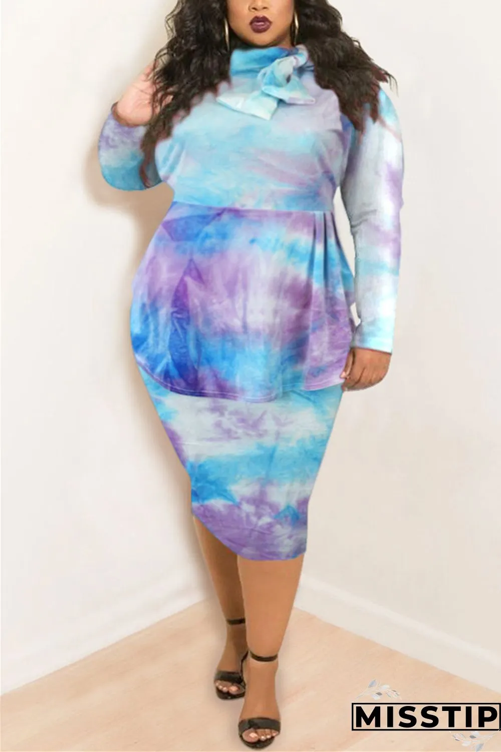 Orange Fashion Casual Plus Size Print Tie Dye Tie-dye Turtleneck Printed Dress