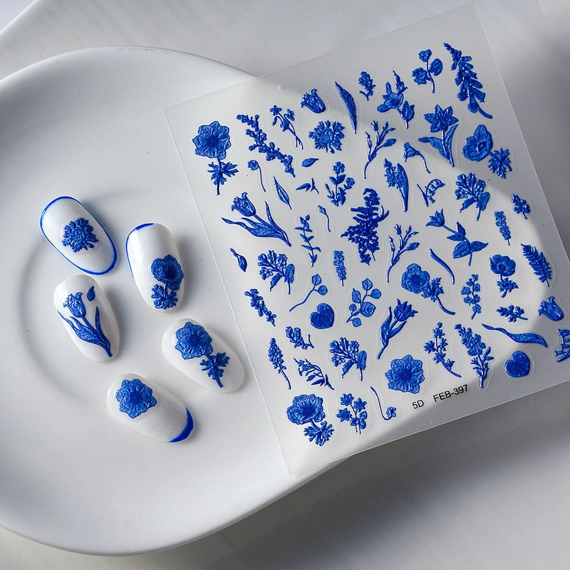 New 5d Luxury Blue Flower Nail Art Stickers Full Nail Adhesive Back Decals Beauty Skin Care Makeup Art