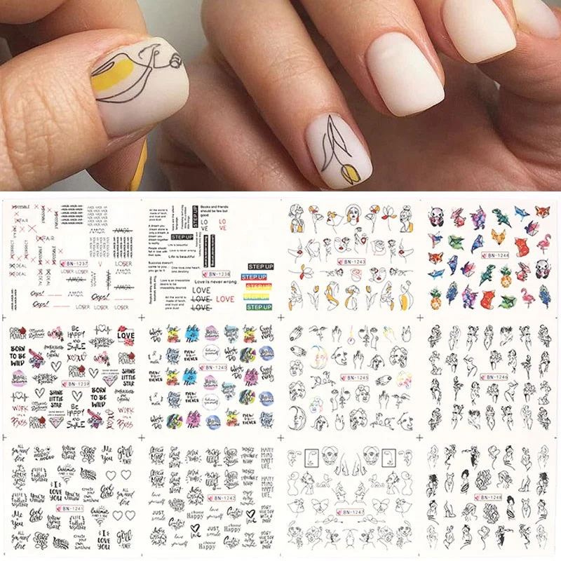 12 Designs Nail Stickers Set Mixed Floral Geometric Nail Art Water Transfer Decals Sliders Flower Leaves Manicures Decoration-Nail Inspo